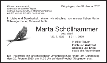 Traueranzeige von Marta Schöllhammer von NWZ Neue Württembergische Zeitung
