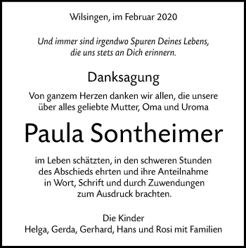 Traueranzeige von Paula Sontheimer von Alb-Bote/Metzinger-Uracher Volksblatt