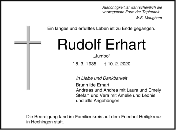 Traueranzeige von Rudolf Erhart von Hohenzollerische Zeitung