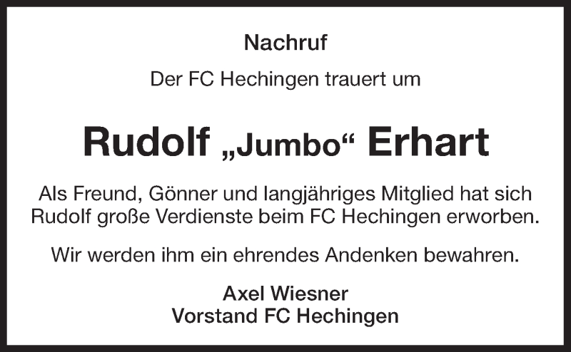  Traueranzeige für Rudolf Erhart vom 17.02.2020 aus Hohenzollerische Zeitung