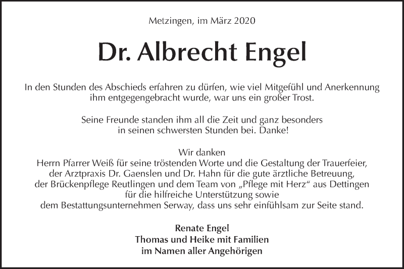  Traueranzeige für Albrecht Engel vom 14.03.2020 aus Metzinger-Uracher Volksblatt