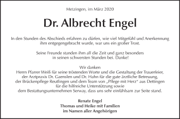 Traueranzeige von Albrecht Engel von Metzinger-Uracher Volksblatt