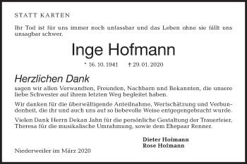 Traueranzeige von Inge Hofmann von Hohenloher Tagblatt