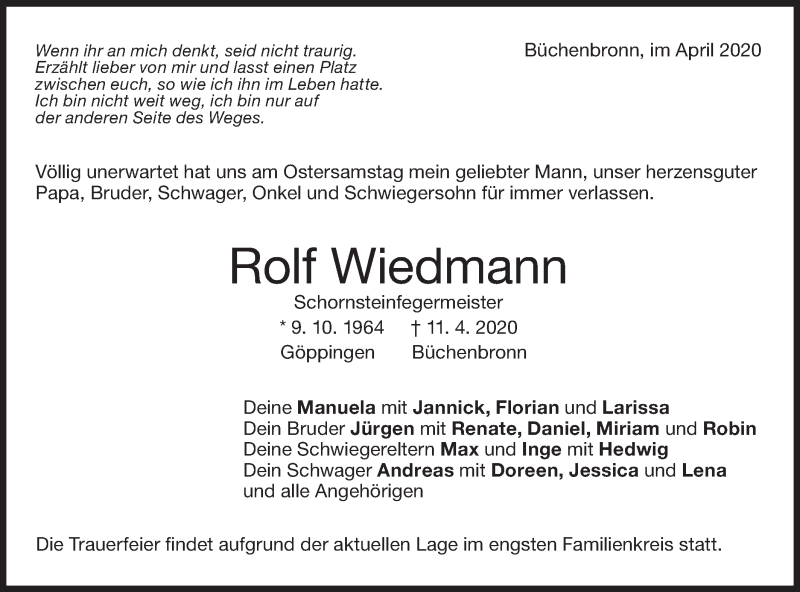  Traueranzeige für Rolf Wiedmann vom 15.04.2020 aus NWZ Neue Württembergische Zeitung