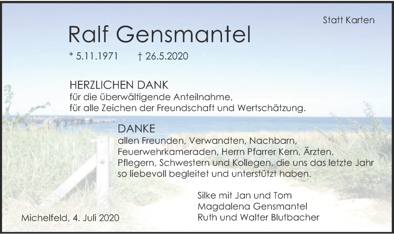  Traueranzeige für Ralf Gensmantel vom 04.07.2020 aus Haller Tagblatt