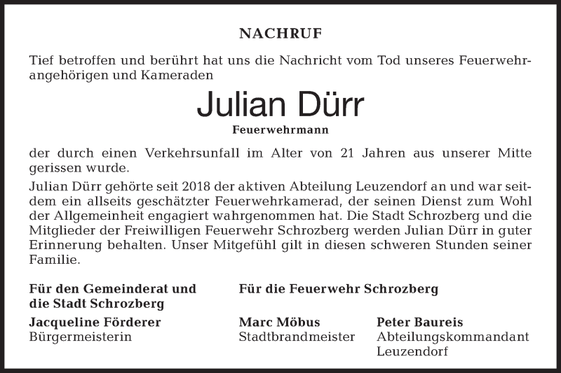 Traueranzeige für Julian Dürr vom 20.08.2020 aus Hohenloher Tagblatt