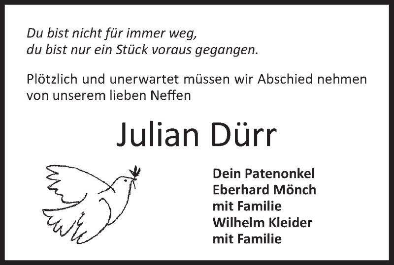  Traueranzeige für Julian Dürr vom 20.08.2020 aus Hohenloher Tagblatt