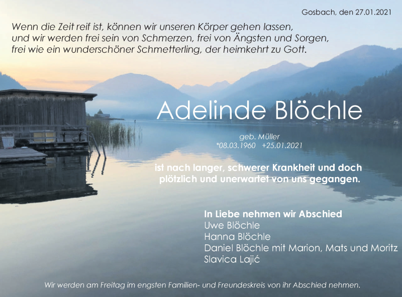  Traueranzeige für Adelinde Blöchle vom 27.01.2021 aus Geislinger Zeitung