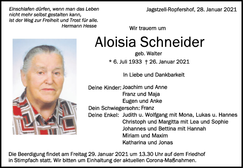  Traueranzeige für Aloisia Schneider vom 28.01.2021 aus Hohenloher Tagblatt