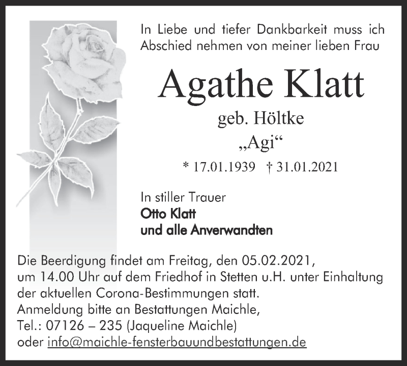  Traueranzeige für Agathe Klatt vom 03.02.2021 aus Metzinger-Uracher Volksblatt