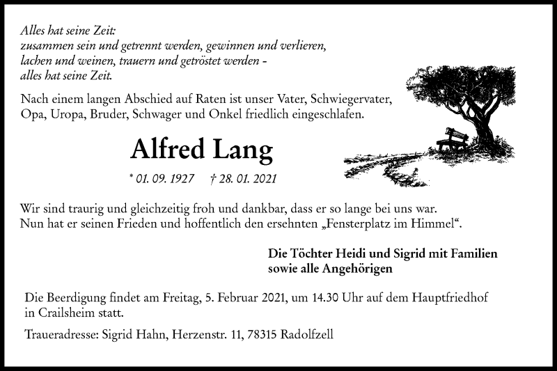  Traueranzeige für Alfred Lang vom 03.02.2021 aus Hohenloher Tagblatt