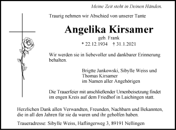 Traueranzeige von Angelika Kirsamer von Geislinger Zeitung