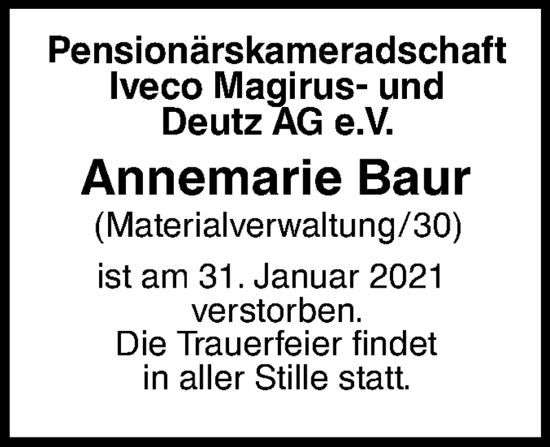  Traueranzeige für Annemarie Baur vom 10.02.2021 aus SÜDWEST PRESSE Ausgabe Ulm/Neu-Ulm