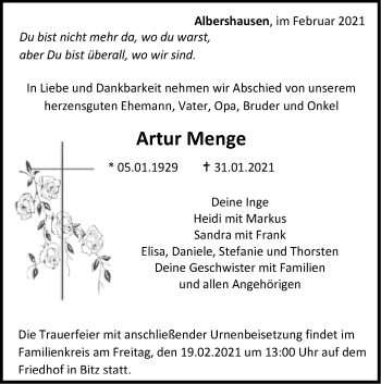 Traueranzeige von Artur Menge von NWZ Neue Württembergische Zeitung