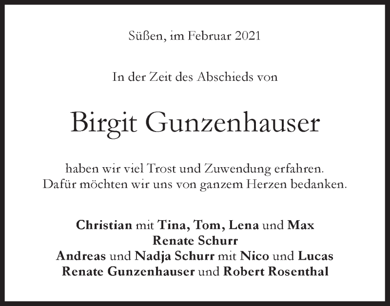  Traueranzeige für Birgit Gunzenhauser vom 26.02.2021 aus NWZ Neue Württembergische Zeitung