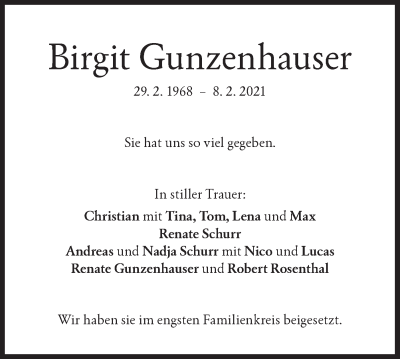  Traueranzeige für Birgit Gunzenhauser vom 20.02.2021 aus NWZ Neue Württembergische Zeitung