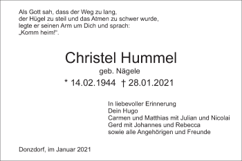 Traueranzeige von Christel Hummel von NWZ Neue Württembergische Zeitung