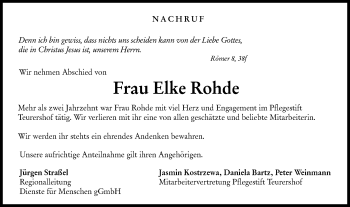 Traueranzeige von Elke Rohde von Haller Tagblatt/Rundschau Gaildorf