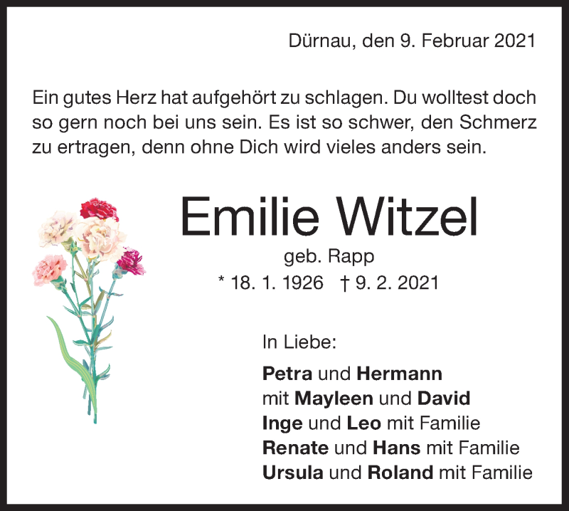  Traueranzeige für Emilie Witzel vom 12.02.2021 aus NWZ Neue Württembergische Zeitung
