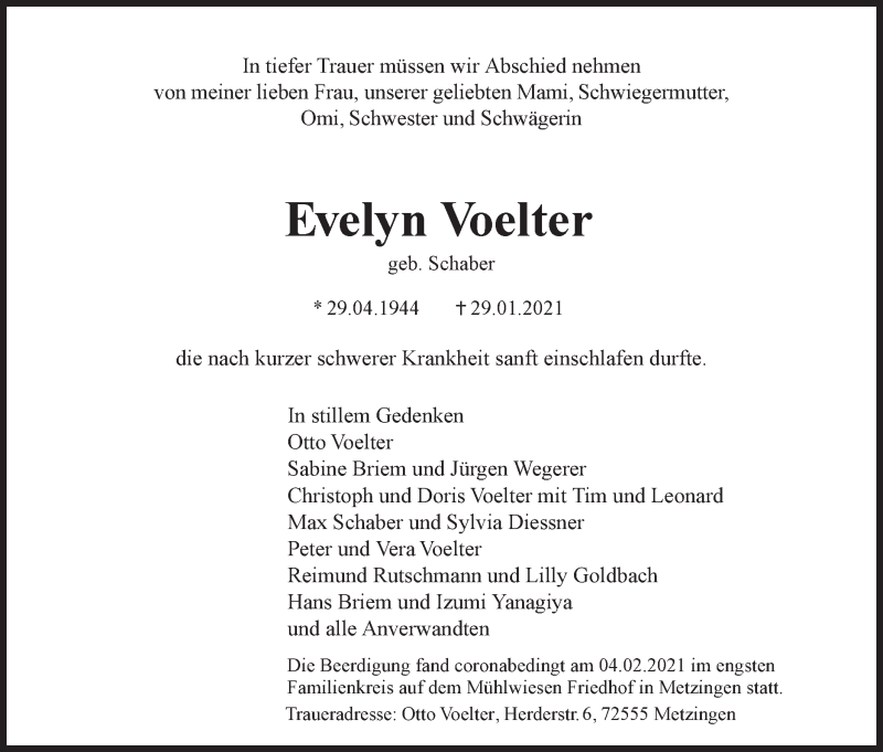  Traueranzeige für Evelyn Voelter vom 05.02.2021 aus Metzinger-Uracher Volksblatt