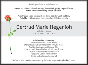 Traueranzeige von Gertrud Marie Hegenloh von NWZ Neue Württembergische Zeitung