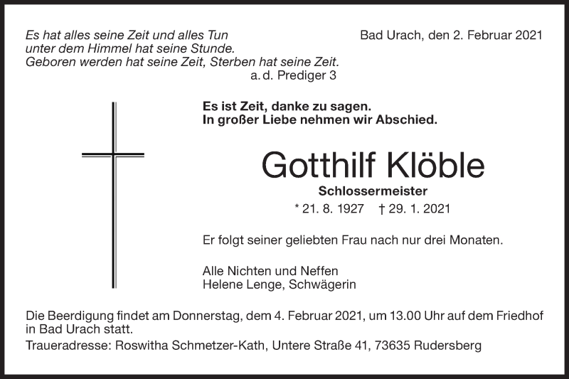  Traueranzeige für Gotthilf Klöble vom 02.02.2021 aus Metzinger-Uracher Volksblatt