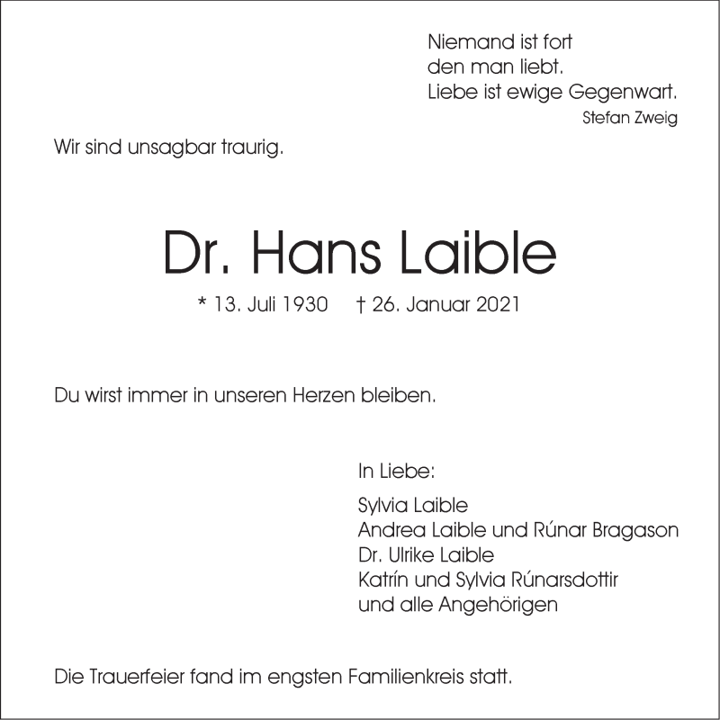  Traueranzeige für Hans Laible vom 06.02.2021 aus SÜDWEST PRESSE Ausgabe Ulm/Neu-Ulm