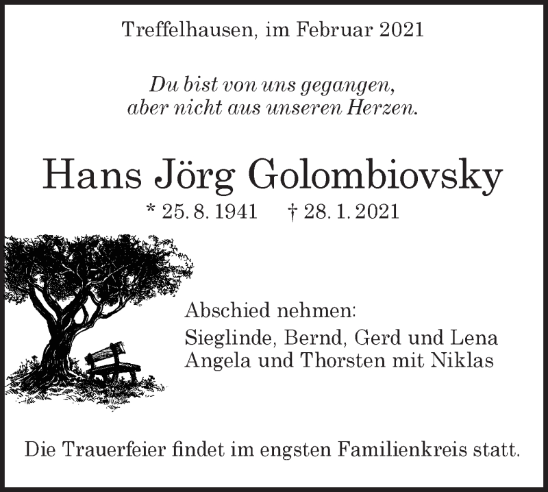  Traueranzeige für Hans Jörg Golombiovsky vom 03.02.2021 aus Geislinger Zeitung