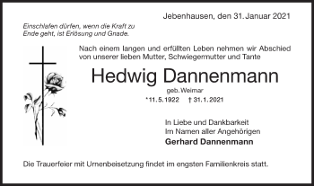 Traueranzeige von Hedwig Dannenmann von NWZ Neue Württembergische Zeitung