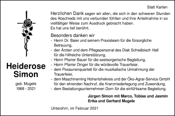 Traueranzeige von Heiderose Simon von Haller Tagblatt
