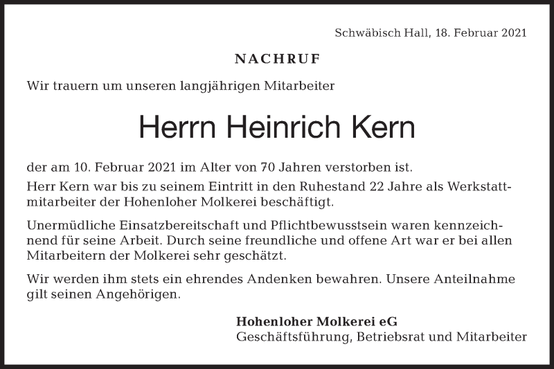  Traueranzeige für Heinrich Kern vom 18.02.2021 aus Haller Tagblatt