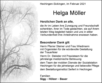 Traueranzeige von Helga Möller von Metzinger-Uracher Volksblatt