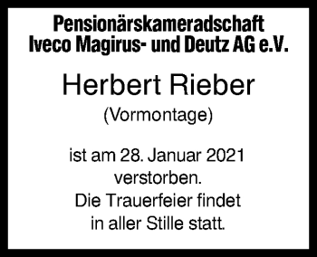 Traueranzeige von Herbert Rieber von SÜDWEST PRESSE Ausgabe Ulm/Neu-Ulm