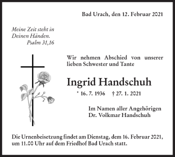 Traueranzeige von Ingrid Handschuh von Metzinger-Uracher Volksblatt