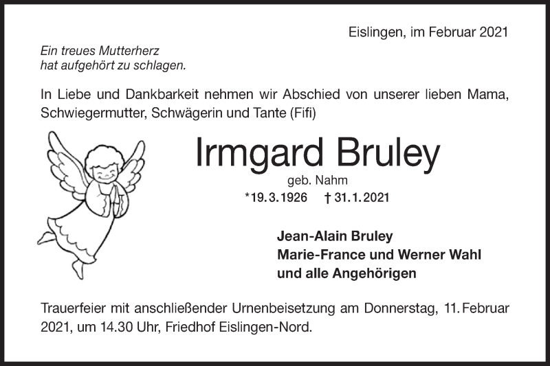  Traueranzeige für Irmgard Bruley vom 04.02.2021 aus NWZ Neue Württembergische Zeitung