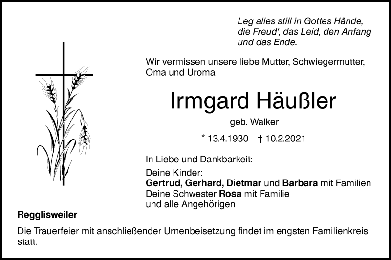  Traueranzeige für Irmgard Häußler vom 18.02.2021 aus Illertal Bote