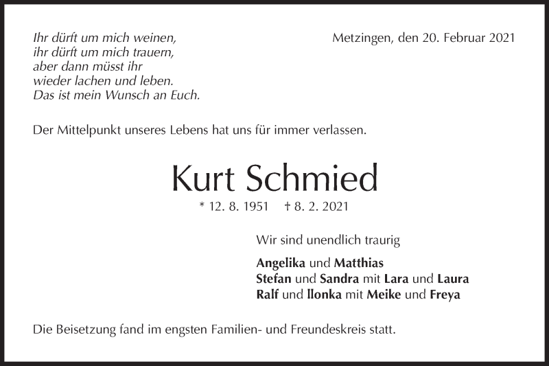  Traueranzeige für Kurt Schmied vom 20.02.2021 aus Metzinger-Uracher Volksblatt