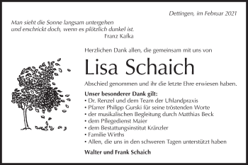Traueranzeige von Lisa Schaich von Metzinger-Uracher Volksblatt