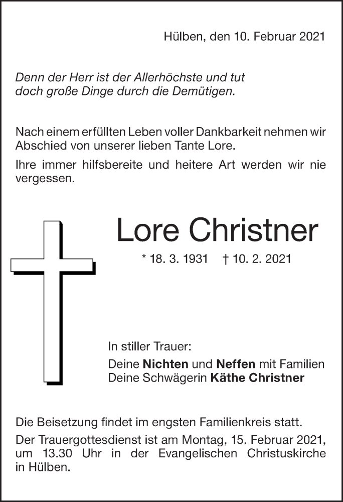  Traueranzeige für Lore Christner vom 11.02.2021 aus Metzinger-Uracher Volksblatt