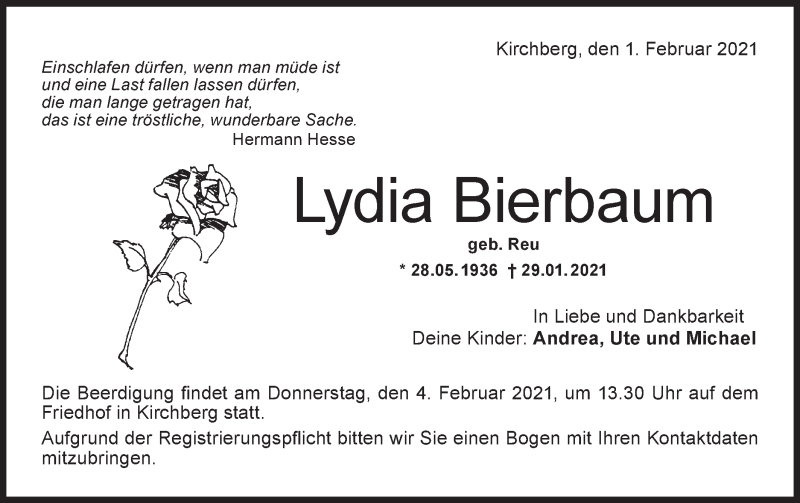  Traueranzeige für Lydia Bierbaum vom 02.02.2021 aus Hohenloher Tagblatt