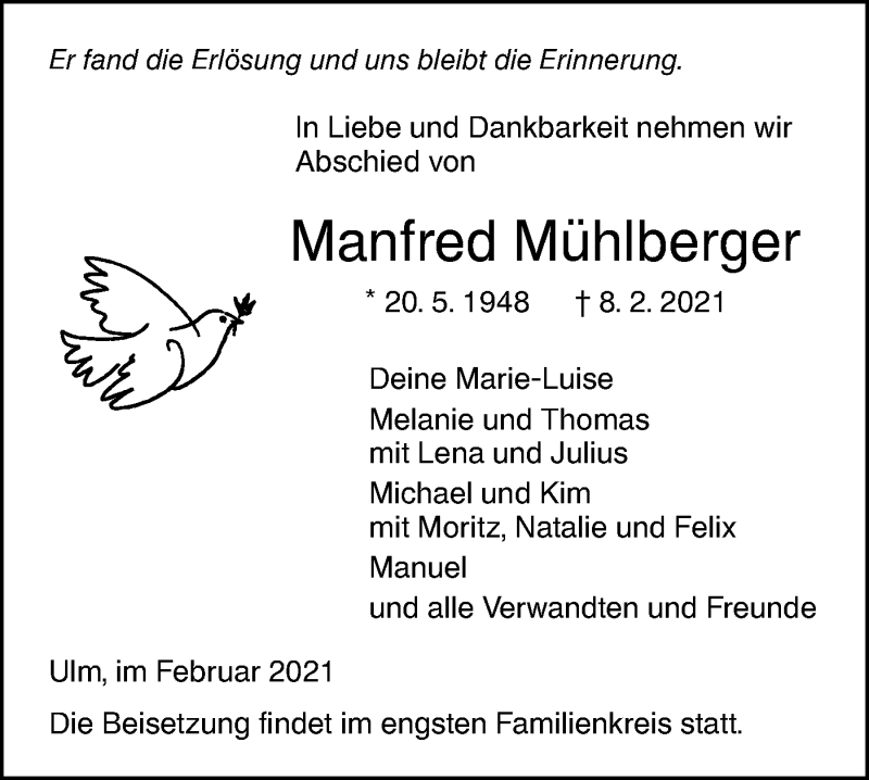  Traueranzeige für Manfred Mühlberger vom 11.02.2021 aus SÜDWEST PRESSE Ausgabe Ulm/Neu-Ulm