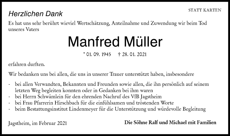  Traueranzeige für Manfred Müller vom 20.02.2021 aus Hohenloher Tagblatt