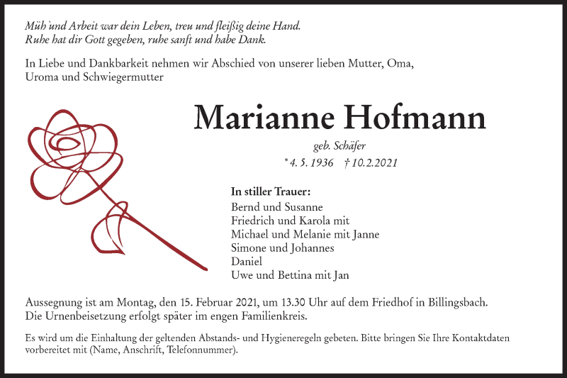  Traueranzeige für Marianne Hofmann vom 13.02.2021 aus Hohenloher Tagblatt