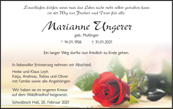 Traueranzeige von Marianne Ungerer von Haller Tagblatt