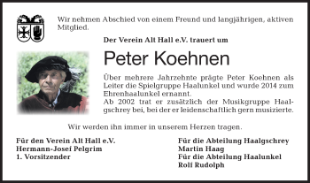 Traueranzeige von Peter Koehnen von Haller Tagblatt