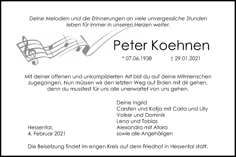  Traueranzeige für Peter Koehnen vom 04.02.2021 aus Haller Tagblatt
