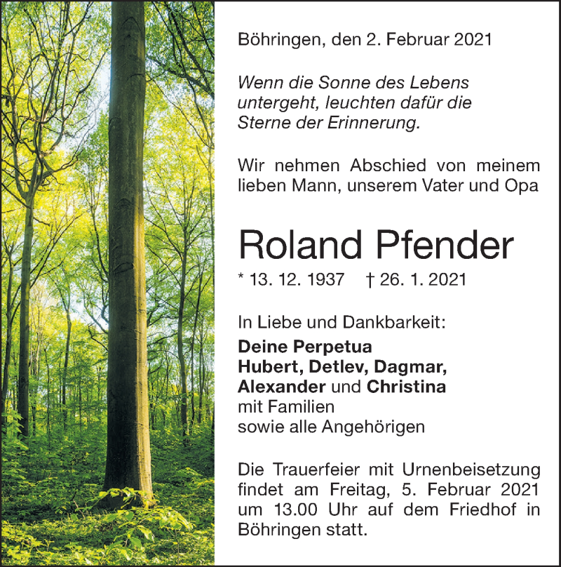  Traueranzeige für Roland Pfender vom 02.02.2021 aus Metzinger-Uracher Volksblatt