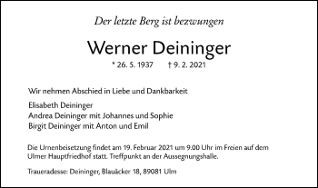 Traueranzeige von Werner Deininger von SÜDWEST PRESSE Ausgabe Ulm/Neu-Ulm