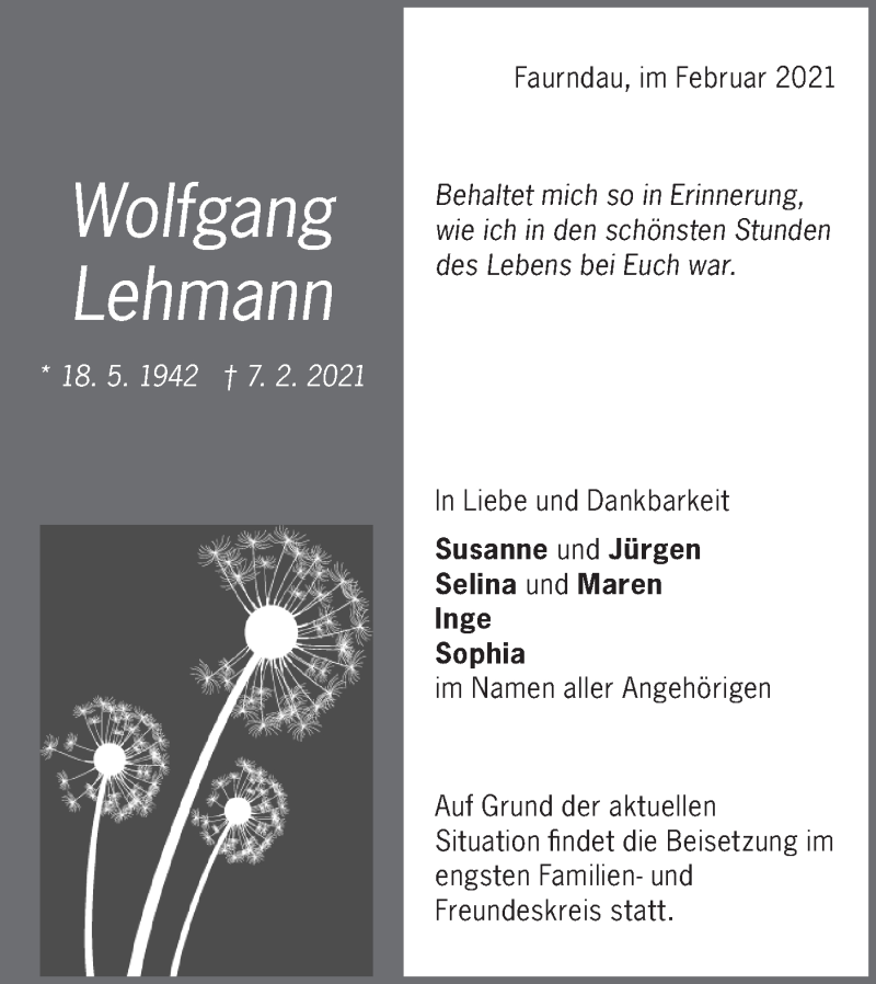  Traueranzeige für Wolfgang Lehmann vom 16.02.2021 aus NWZ Neue Württembergische Zeitung