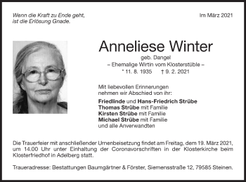 Traueranzeige von Anneliese Winter von NWZ Neue Württembergische Zeitung
